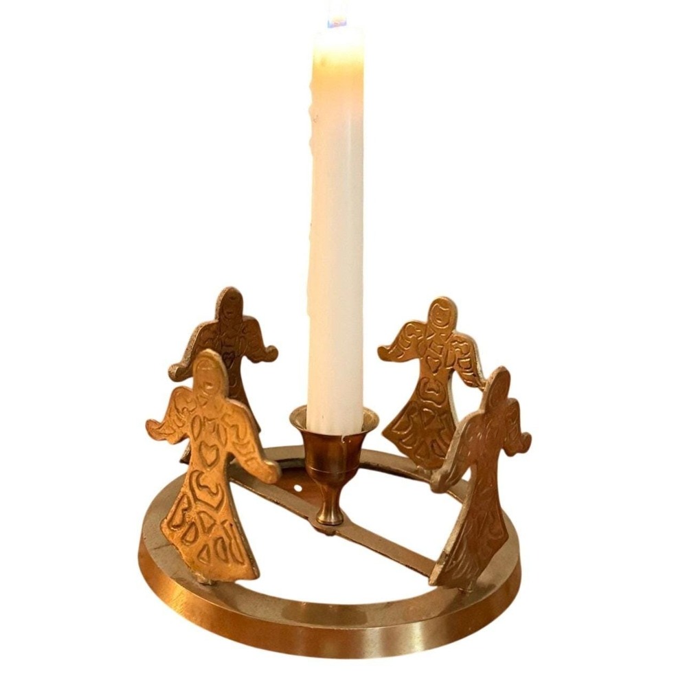 Vintage Solid Brass Angel Candle Holder 4 Angels Around Taper Holder 5.6"